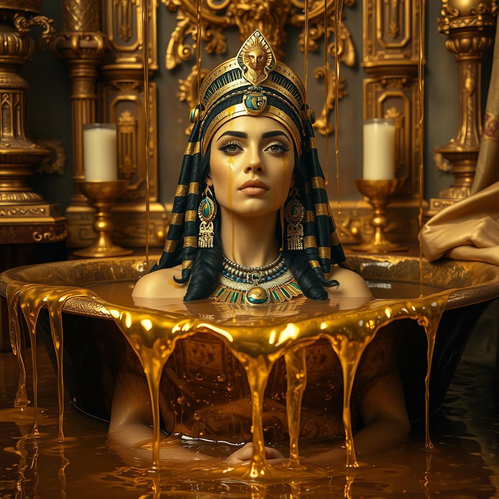 A majestic scene of Cleopatra bathing in dripping gold