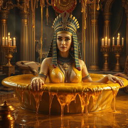 A majestic scene of Cleopatra bathing in dripping gold