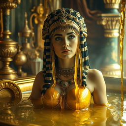 A majestic scene of Cleopatra bathing in dripping gold