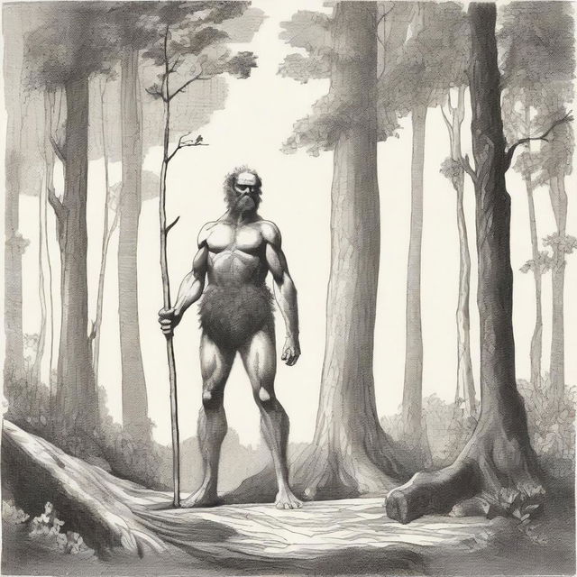 In the woods, a tall, hairy giant who is thin with visible obliques and low-hanging features stands behind a small, thin, petite, hairless man