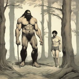 In the woods, a tall, handsome, hairy giant who is thin with visible obliques and low-hanging features stands behind a small, thin, petite, hairless man