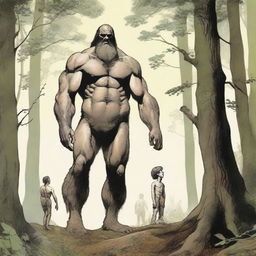 In the woods, a tall, handsome, hairy giant who is thin with visible obliques and low-hanging features stands behind a small, thin, petite, hairless man