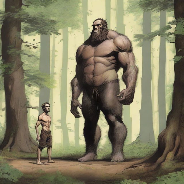 In the woods, a tall, handsome, hairy giant who is thin with visible obliques and low-hanging features stands behind a small, thin, petite, hairless man