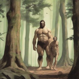 In the woods, a tall, handsome, hairy giant who is thin with visible obliques and low-hanging features stands behind a small, thin, petite, hairless man