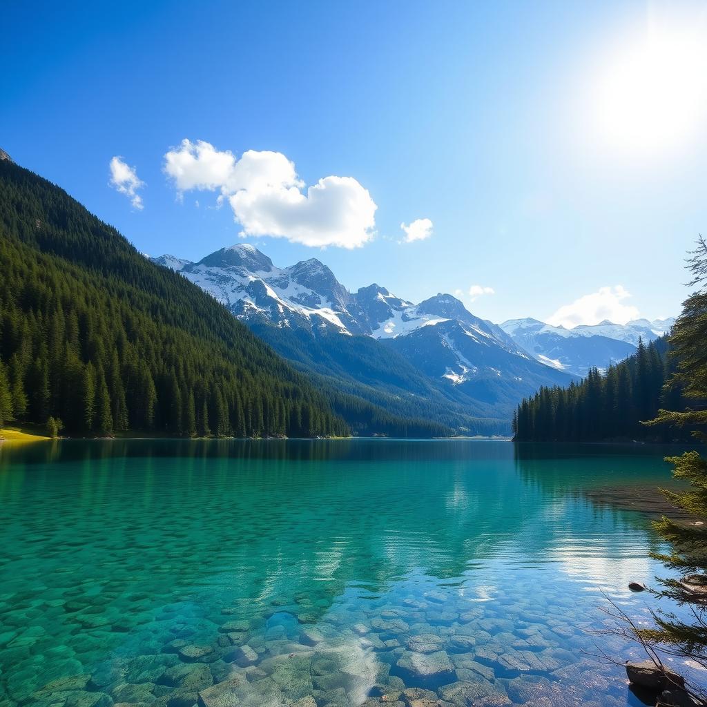 A serene landscape featuring a crystal-clear lake surrounded by lush green forests and snow-capped mountains in the background