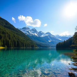 A serene landscape featuring a crystal-clear lake surrounded by lush green forests and snow-capped mountains in the background