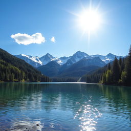 A serene landscape featuring a crystal-clear lake surrounded by lush green forests and snow-capped mountains in the background