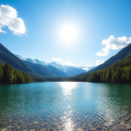 A serene landscape featuring a crystal-clear lake surrounded by lush green forests and snow-capped mountains in the background