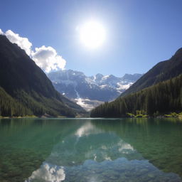 A serene landscape featuring a crystal-clear lake surrounded by lush green forests and snow-capped mountains in the background