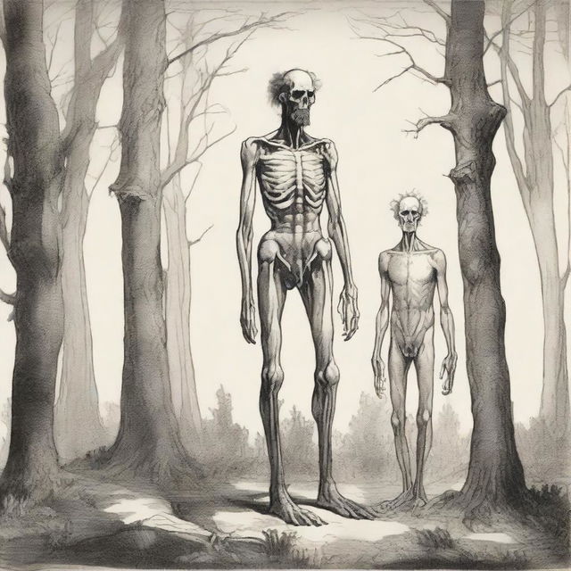 In the woods, a tall, handsome, hairy, emaciated giant who is thin with visible obliques and low-hanging features stands behind a small, thin, petite, hairless man