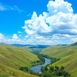 A beautiful landscape featuring rolling hills, a clear blue sky with fluffy white clouds, and a serene river flowing through a lush green valley