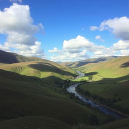 A beautiful landscape featuring rolling hills, a clear blue sky with fluffy white clouds, and a serene river flowing through a lush green valley