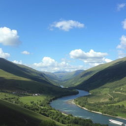 A beautiful landscape featuring rolling hills, a clear blue sky with fluffy white clouds, and a serene river flowing through a lush green valley