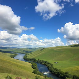 A beautiful landscape featuring rolling hills, a clear blue sky with fluffy white clouds, and a serene river flowing through a lush green valley