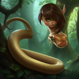 A snake-girl with light brown skin, green eyes, and brown hair