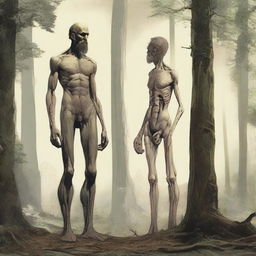 In the woods, a tall, handsome, hairy, emaciated yet masculine giant who is thin with visible obliques and low-hanging features stands behind a small, thin, petite, hairless man