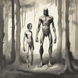 In the woods, a tall, handsome, hairy, emaciated yet masculine giant who is thin with visible obliques and low-hanging features stands behind a small, thin, petite, hairless man