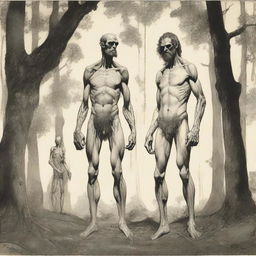 In the woods, a tall, handsome, hairy, emaciated yet masculine giant who is thin with visible obliques and low-hanging features stands behind a small, thin, petite, hairless man