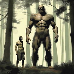 In the woods, a tall, handsome, hairy, emaciated yet masculine giant who is thin with visible obliques and low-hanging features stands behind a small, thin, petite, hairless man