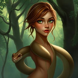 A 19-year-old snake-girl with light brown skin, green eyes, and brown hair