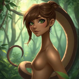 A 19-year-old snake-girl with light brown skin, green eyes, and brown hair