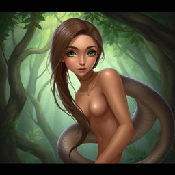 A 19-year-old snake-girl with light brown skin, green eyes, and brown hair