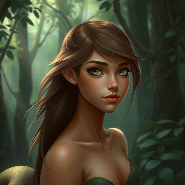 A 19-year-old snake-girl with light brown skin, green eyes, and brown hair