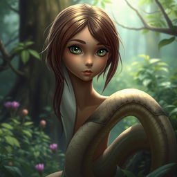 A snake-like girl with light brown skin, green eyes, and brown hair