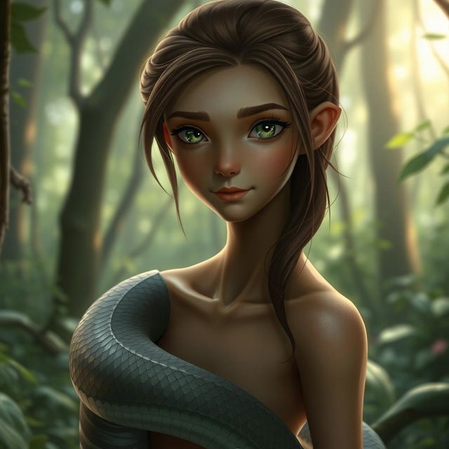 A snake-like girl with light brown skin, green eyes, and brown hair