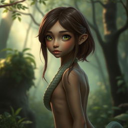 A snake-like girl with light brown skin, green eyes, and brown hair