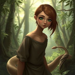 A 19-year-old snake-like girl with light brown skin, green eyes, and brown hair, wearing clothing