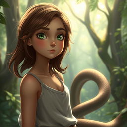 A 19-year-old snake-like girl with light brown skin, green eyes, and brown hair, wearing clothing