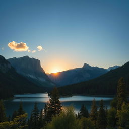 A beautiful landscape featuring a serene lake surrounded by lush green forests and tall mountains in the background