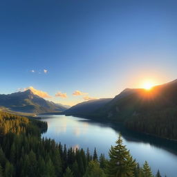 A beautiful landscape featuring a serene lake surrounded by lush green forests and tall mountains in the background