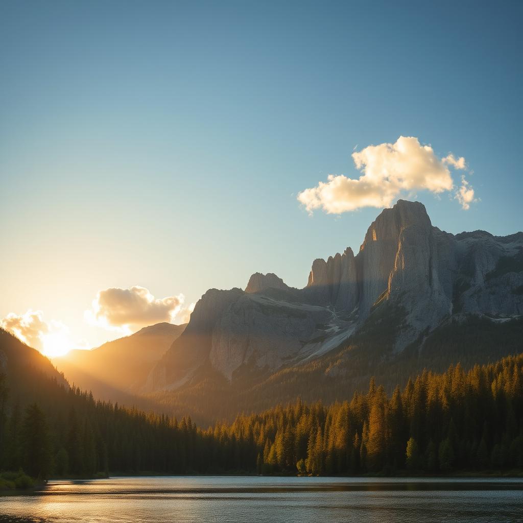 A beautiful landscape featuring a serene lake surrounded by lush green forests and tall mountains in the background