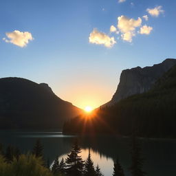 A beautiful landscape featuring a serene lake surrounded by lush green forests and tall mountains in the background