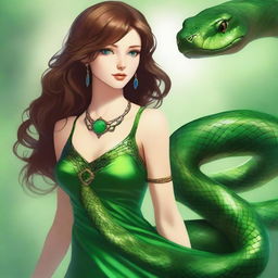 A serpentine girl with green eyes, brown hair, light brown skin, and a green dress