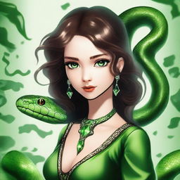 A serpentine girl with green eyes, brown hair, light brown skin, and a green dress