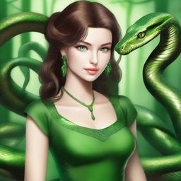 A serpentine girl with green eyes, brown hair, light brown skin, and a green dress