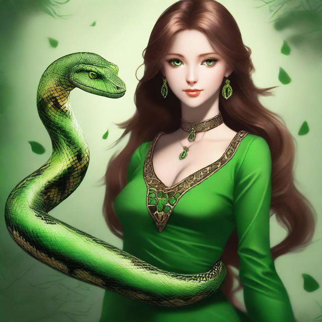 A serpentine girl with green eyes, brown hair, light brown skin, and a green dress