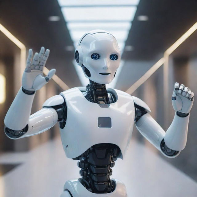 A friendly AI robot waving hello in a futurist setting