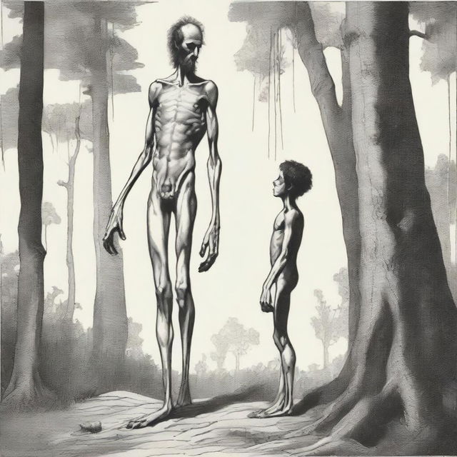 In the woods, a tall, handsome, hairy, emaciated yet masculine giant who is thin with visible obliques and low-hanging features stands above a small, thin, petite, hairless man