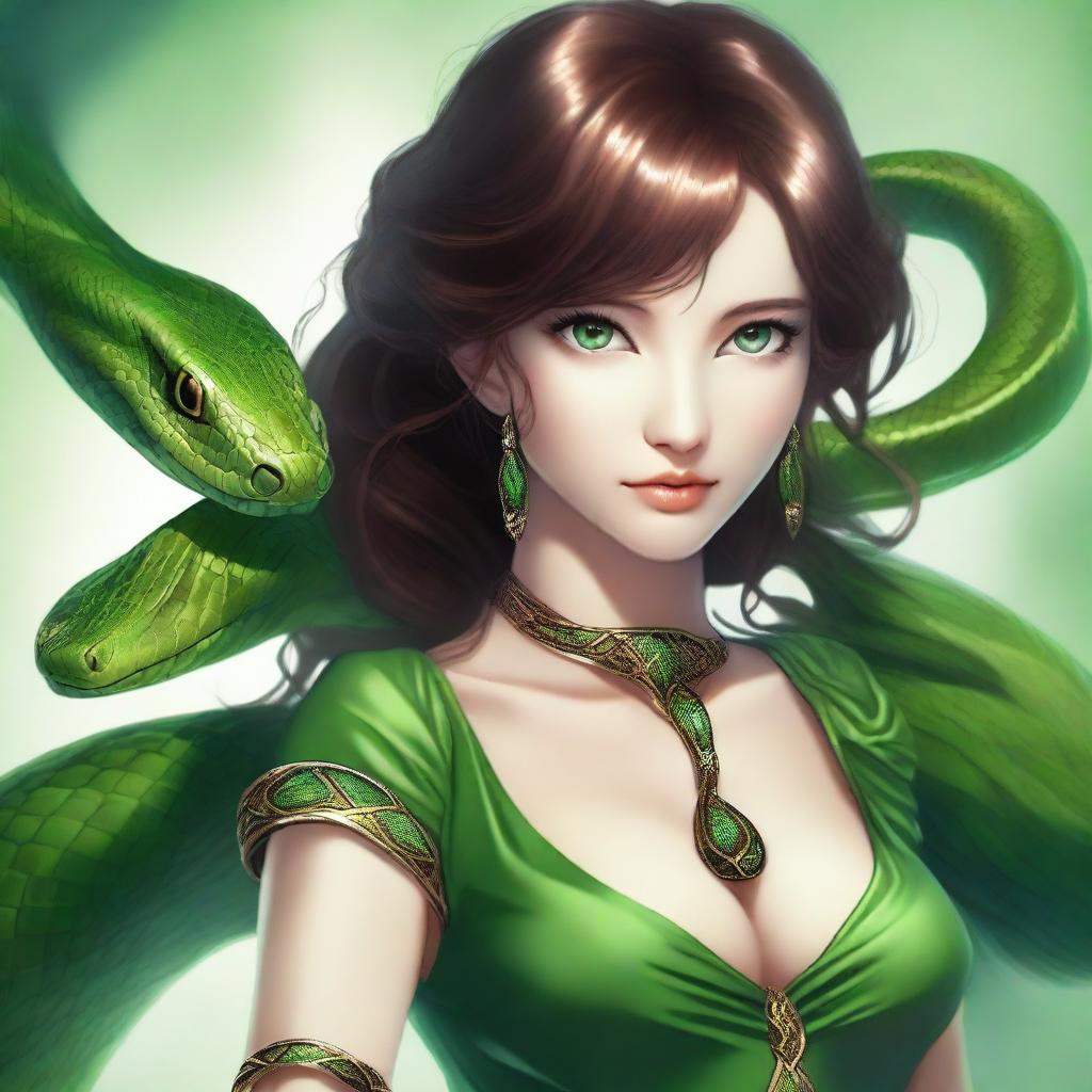 A serpentine girl with green eyes, brown hair, light brown skin, and a green dress