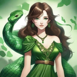 A serpentine girl with green eyes, brown hair, light brown skin, and a green dress