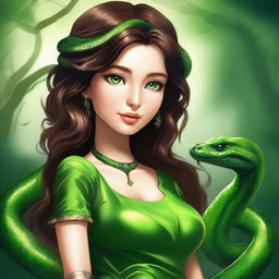 A serpentine girl with green eyes, brown hair, light brown skin, and a green dress