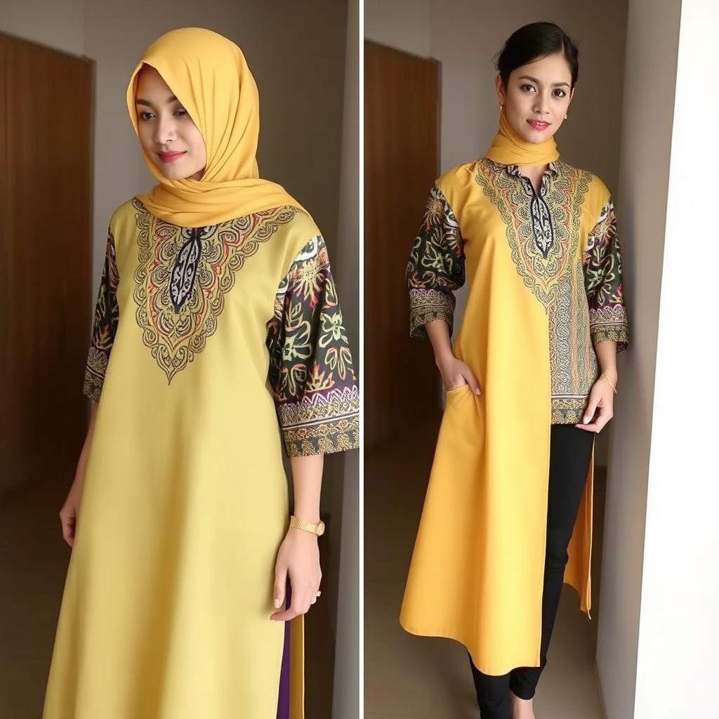 A stylish combination of batik and plain clothing