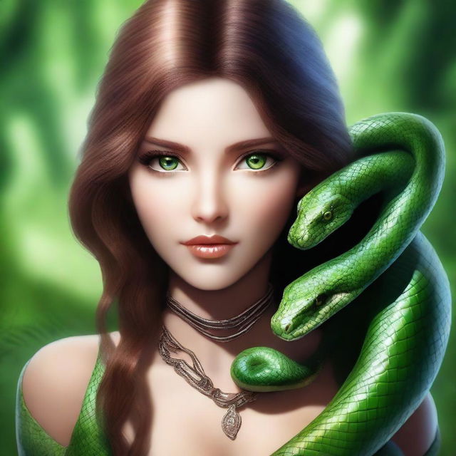 A serpentine girl with green eyes, brown hair, light brown skin, and clothing that complements her unique appearance