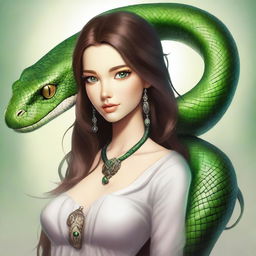 A serpentine girl with green eyes, brown hair, light brown skin, and clothing that complements her unique appearance