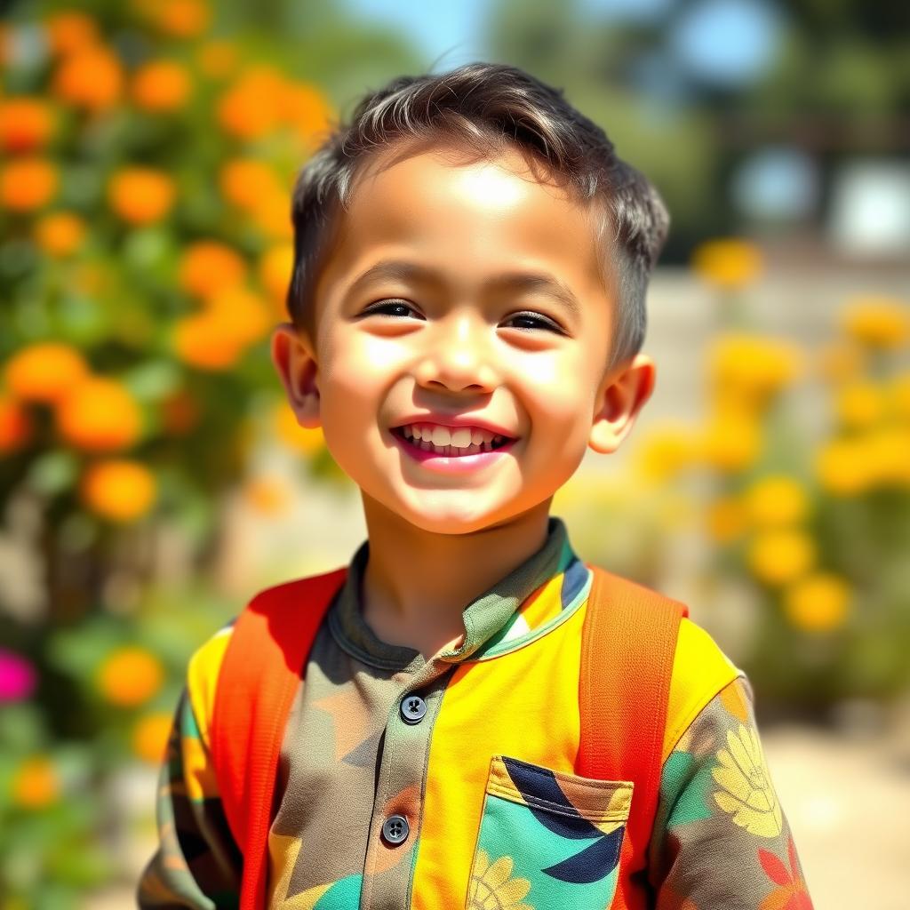 Create an image of a joyful and confident young boy, with a radiant smile and a vibrant outfit, standing in a sunny, colorful outdoor setting