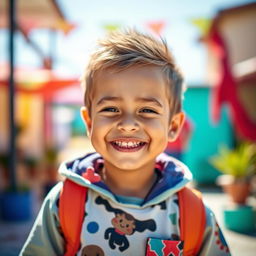 Create an image of a joyful and confident young boy, with a radiant smile and a vibrant outfit, standing in a sunny, colorful outdoor setting